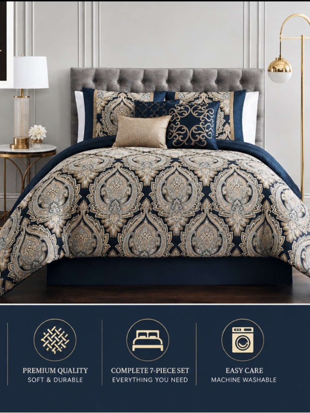 Queen Baldor 7-Piece Comforter Set in Navy and Cream
